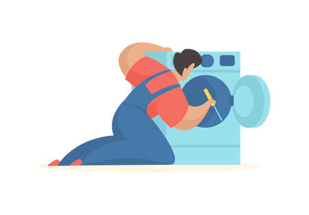 Man repairs washing machine. Service professional maintenance. Master in uniform with screwdriver checks washing unit. Technical check and adjustment electronics. Vector flat illustrationのイラスト素材