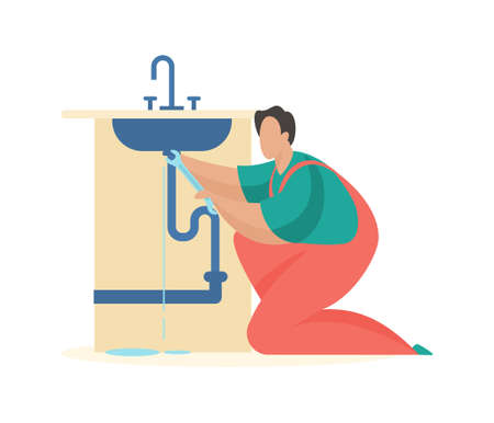 Repair of drain pipe mixer. Uniformed man tightens screws repair leak on water tube. Plumbing service with professional maintenance. Checking taps and sewerage. Vector flat illustrationのイラスト素材