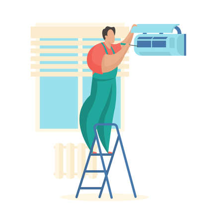Master cleans air conditioner. Technical service for maintenance ventilation systems. Man in uniform checks air conditioner with screwdriver. Home breath cleaning system. Vector flat illustrationのイラスト素材