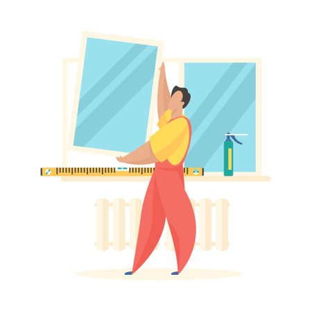 Fitting and replacement windows. Man in uniform inserts new frame with glass. Modern level ruler and polyurethane foam on sill. Repair professional services. Vector flat illustrationのイラスト素材