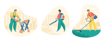 Yard and garden cleaning set. Male character is mowing lawn with trimer and cleaning leaves with garden vacuum cleaner. Sawing logs for firewood. Vector flat illustration isolatedのイラスト素材