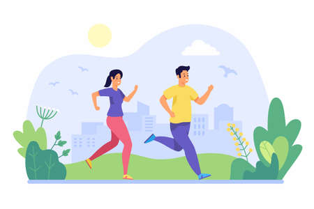 People jogging in morning. Young man and woman run through city park. Active wellness cardio fitness in fresh summer air. Happy warm time for sports training. Vector flat illustrationのイラスト素材