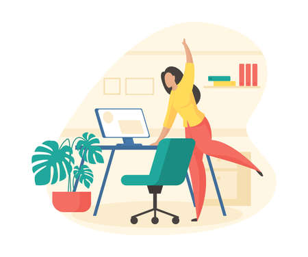 Fitness break in office. Female character is doing stretching holding on computer desk. Active minutes warmup after long sitting. Muscle relaxation and good mood. Vector illustration isolatedのイラスト素材