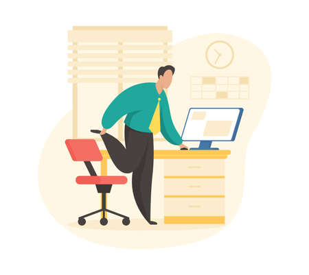 Break for warm up. Businessman stretches legs after sitting long time at computer. Workplace fitness active elements. Relief muscle tension with increased productivity. Vector illustration isolatedのイラスト素材
