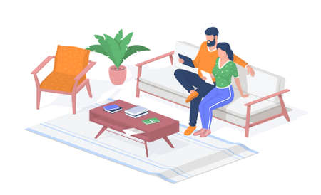 Distance learning at home. Girl and guy sitting couch with tablets. Table with books and notes. Online lectures video trainings. Digital education in coronavirus pandemic. Vector realistic isometryのイラスト素材