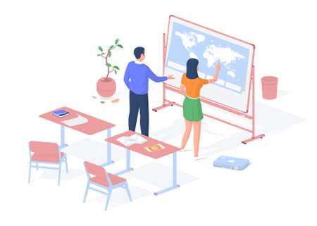 Teaching geography school. Teenager looking for country world map stand. Teacher tells her about coordinates of earth. School desks with textbooks and drawings. Vector realistic isometry.のイラスト素材