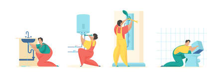 Plumbing repair equipment and pipes. Uniformed men fix kitchen faucet and turn boiler. Installation of toilet with shower. Professional services and plumbing internally. Vector flat illustration setのイラスト素材