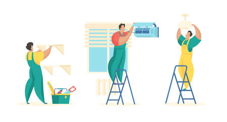 Installation and renovation apartment interiors. Uniformed craftsmen attach shelves walls and chandelier. Checking and cleaning air conditioner. Service professionals. Vector flat illustration.のイラスト素材