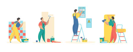 Renovation work in premises. Male characters in uniforms lay tiles and paint walls. Connection and debugging electrical wiring with gluing color wallpaper. Vector flat illustration setのイラスト素材