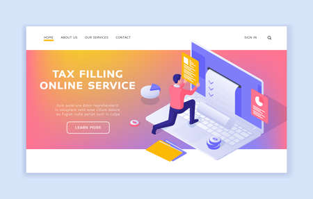 Online service for filling out tax information. Man submits business report on website. Digital government application. Web bookkeeping department. Vector landing page isometric templateのイラスト素材