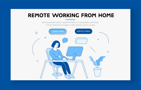 Remote work from home. Woman worked at computer in room. Online work during virus pandemic. Convenient freelance with distribution of time. Vector home page flat line templateのイラスト素材