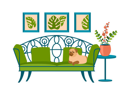 Vintage interior couch with sleeping pug. Dog lies on green openwork sofa. Wall paintings with plant leaves in boho style. Coffee table with potted indoor flower. Vector cartoon illustrationのイラスト素材