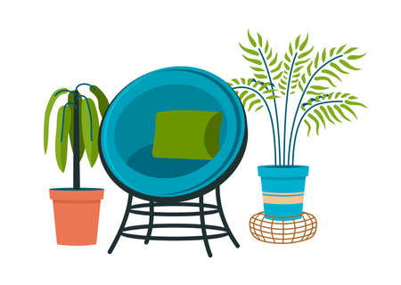 Vintage semicircular armchair with indoor plants. Twisted chair with green cushion and blue upholstery. Decorative tall plants in large pots. Scandinavian interior decor. Vector illustrationのイラスト素材