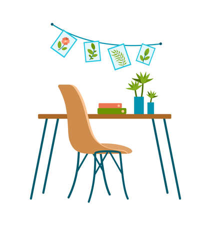 Decorative writing desk with chair. Stylish furniture with curved legs and colorful folders. Green succulents in pots. Pictures plants in boho style hanging on cord. Vector cartoon illustrationのイラスト素材