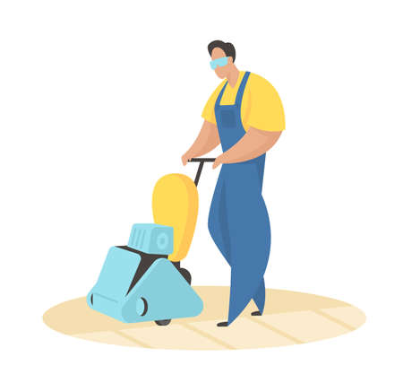 Master with floor polisher. Removing old layers paint and wood. Male character in uniform carefully driving tool over old parquet floor. Carpentry myself and repairs. Vector flat illustrationのイラスト素材