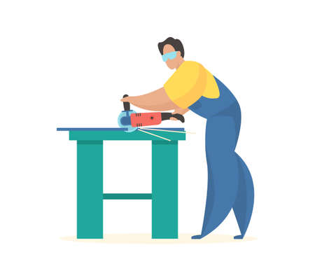 Worker with grinder. Professional and local cutting of accessories. Man in uniform at table cuts off building bar. Fast and quality work with modern power tools. Vector flat illustrationのイラスト素材