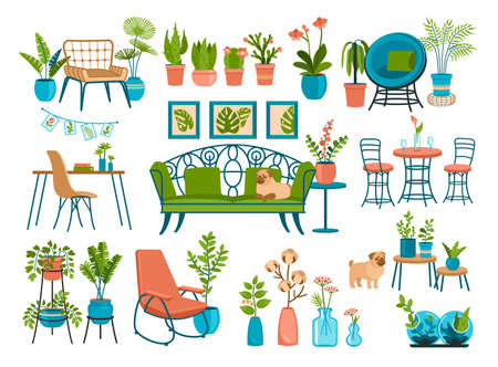 Home plants with furniture interiors. Vintage sofas and armchairs surrounded ornamental plants in pots. Scandinavian decor in apartments and houses. Natural beauty at home. Vector cartoon setのイラスト素材