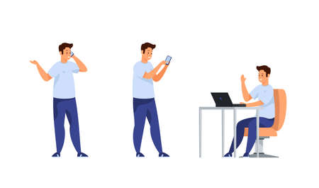 Student communicates and learns online different activities set. Young man with smartphone conducts dialogue and prints message. Sits at laptop and asks web questions. Vector flat templateのイラスト素材