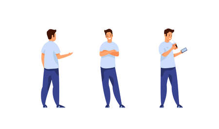 Guy talks different positions and activities. Young man in jeans and tshirt tells news and listens attentively to interlocutor. Reads chat in smartphone and drinks soda. Vector flat templateのイラスト素材