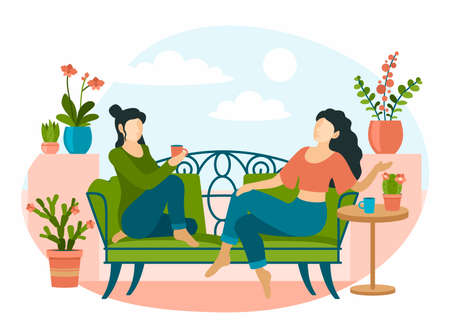 Women sitting on decorative sofa in interior indoor plants. Two girls drinking tea and talking in relaxing environment of natural decor. Large window overlooking sky. Vector flat illustrationのイラスト素材