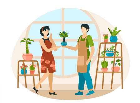 Man gives houseplant to girl. Male character in an apron giving decorative flower to joyful woman. Racks with interior exotic plants and round wide window. Vector flat illustrationのイラスト素材