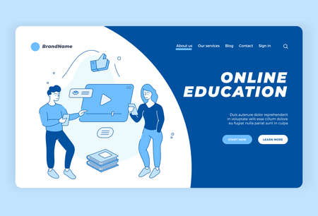 Online education and training. Remote elearning via webinars and web libraries. People take courses using mobile apps and video. Getting university degree at home. Flat vector linear landing pageのイラスト素材
