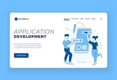 Development of mobile applications. Online software for user. Programmers customize user friendly interface and design. Web encoding for fast data transfer. Vector home page linear flatのイラスト素材