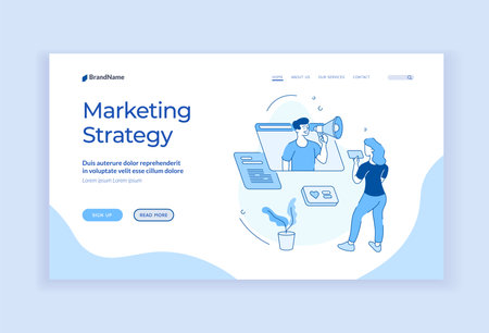 Sales marketing strategy. Business social communications with service optimization. Online marketer talks about new bonus in video ad. Analysis of commercial market. Vector home page linear flatのイラスト素材