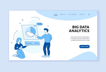 Big web data analytics. Digital information infographics with optimization. Managers research search statistics with global calculations. Securing servers. Vector home page linear flatのイラスト素材