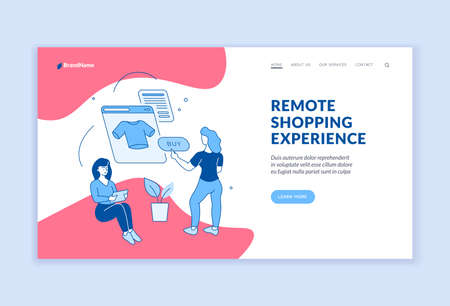 Remote online shopping. Purchases on websites with digital payment and delivery. People choose things in online store application. Retail with marketing discounts. Linear vector flat landing pageのイラスト素材