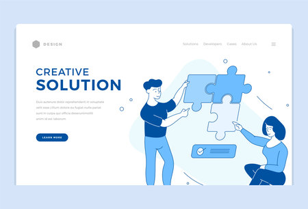 Creative solutions and developments. Teamwork with innovation management strategy. Modern imagination with powerful social marketing and brainstorming. Vector linear flat landing pageのイラスト素材