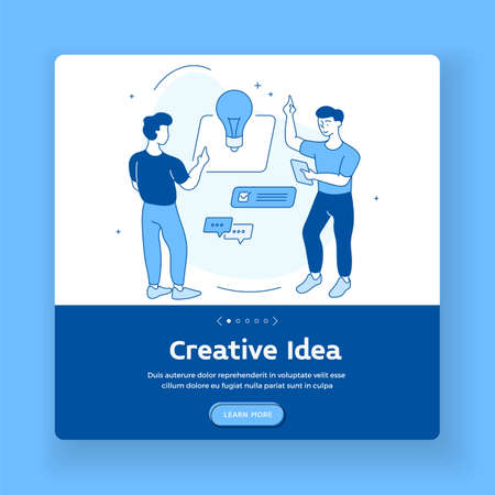 Creative ideas in development. Brainstorming with innovation management strategy. Modern imagination with powerful social marketing and teamwork. Vector linear flat home pageのイラスト素材