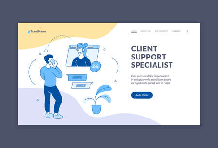 Customer support service. Professional consultation online and by phone. Technical and digital assistance to subscribers working around clock. Service hotline. Homepage vector linear flatのイラスト素材