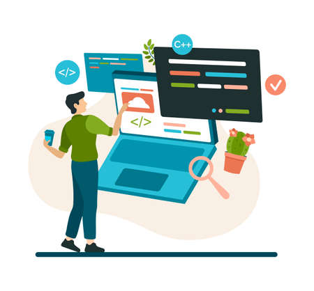 Programmer works with program code and cloud service. Man with coffee in hand is setting up and checking online application. Professional coding and creation of mobile platforms. Vector flat conceptのイラスト素材