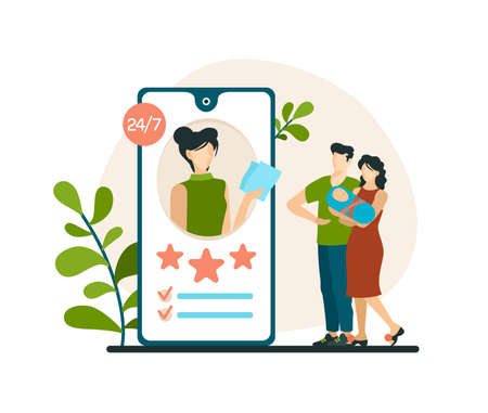 Choosing babysitter in mobile application. Married couple with baby studying characteristics of nanny at online agency. High rating and recommendations from satisfied parents. Vector flat conceptのイラスト素材