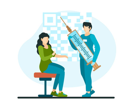Mandatory vaccination with QR code. Doctor with syringe injects woman patient.のイラスト素材