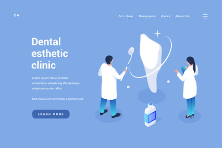 Clinic of aesthetic dentistry. Dental treatment of oral cavity removal calculus. Whitening enamel and daily cleaning of gums. Medicine examination and healthcare. Vector landing page isometricのイラスト素材