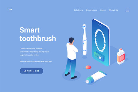 Specialized smart toothbrush. Electro brush with gum massage and control via mobile application. New dental technologies for dental care. Modern medical digital devices. Vector isometric home pageのイラスト素材