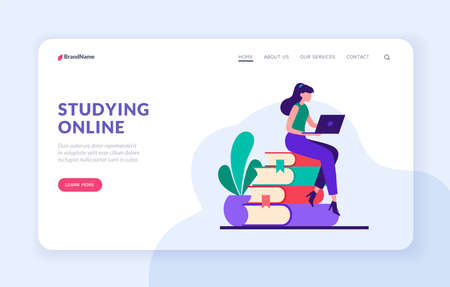 Professional online study. Remote courses of study at university. Access to digital libraries and webinars. Electronic information guides and certified diploma. Vector flat home page bannerのイラスト素材