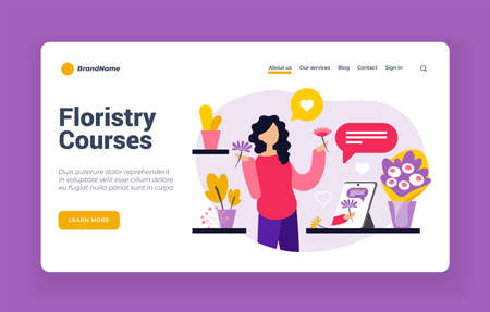 Florists web courses. Training in correct composition of beautiful bouquets. Flower arrangements from online bloggers. Creative natural still lifes from fresh flowers. Vector landing page flat bannerのイラスト素材