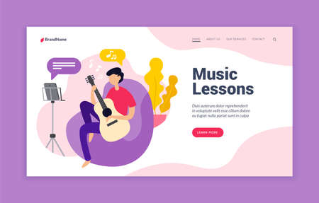 Music web lessons. Course in music art with online teacher. Setting up and using melodic instrument. Remote teaching of creative guitar playing with different techniques. Vector home page flat bannerのイラスト素材