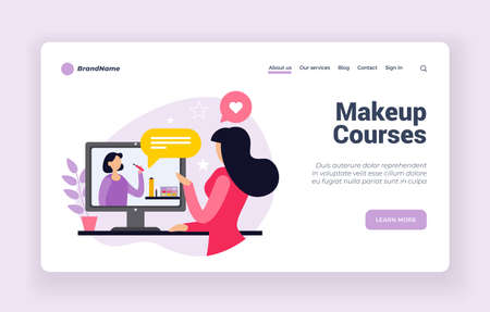 Online makeup courses. Web tutorials on applying cosmetics with creative glamor. Channels fashion bloggers on trendy cosmetology. Distance learning beauty and style. Vector home page flat bannerのイラスト素材