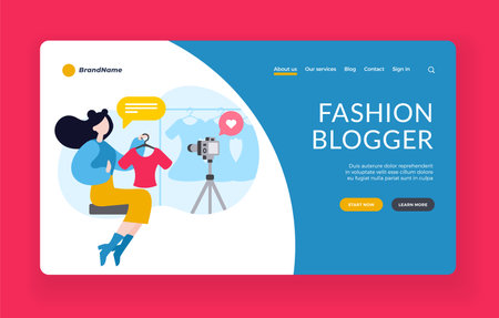 Blogger for modern fashion. Video reviews about new trends clothing and cosmetics. Online broadcasts of famous designers about style. Recommendations of makeup artists. Vector home page flat bannerのイラスト素材