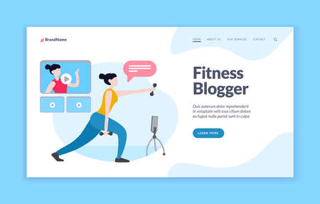 Lessons fitness blogger. Live broadcast of physical training from famous athlete. Blog for active and healthy person. Web complex development and buildup of muscles. Vector landing page flat bannerのイラスト素材