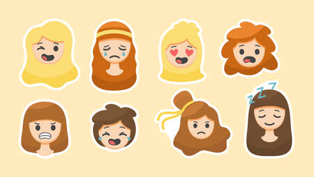 Cute grimaces emotions stickers. Mischievous and sad faces of girls. Falling in love and surprised amazement with stylish hairstyle. Anger and depressed state. Relaxing sleep. Vector cartoon labelのイラスト素材