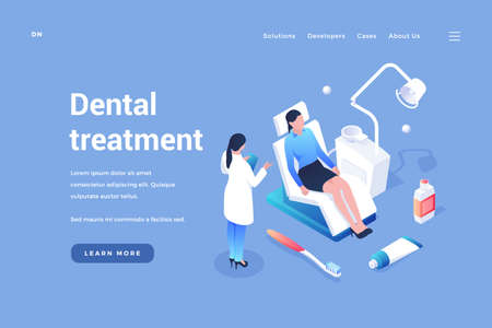 Examination and dental treatment. Dentist examines patients mouth. Medical prophylaxis and therapy of teeth and gums. Procedure for healthcare caries and periodontal disease. Homepage vector isometryのイラスト素材