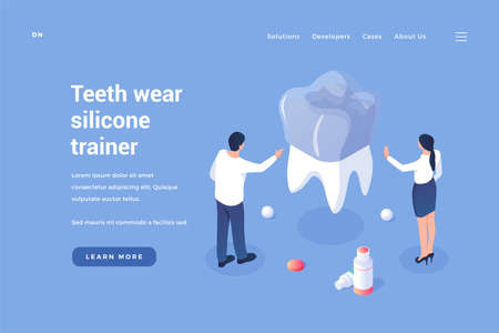 Silicone pad against tooth wear. Dentists install dental pad exerciser. Elimination of abrasion tooth enamel and damage to gums. Improving bite with modern materials. Vector landing page isometryのイラスト素材