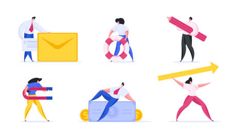 Set of vector illustrations with various modern men and women in casual clothes using assorted tools to do business activities in modern worldのイラスト素材