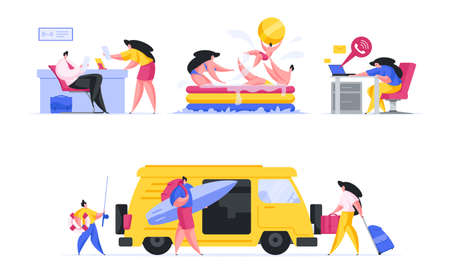 People going on vacation flat vector illustration. Male and female characters look plane tickets. Guy and girl splashing in pool. Married couple with child load items for active recreation into car.のイラスト素材