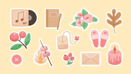 Rest on weekend stickers. Listening your favorite music with entries in diary. Traveling in nature with bonfire and admiring blossoming flowers. Romantic candlelight dinner. Vector cartoon labelのイラスト素材